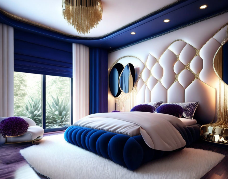 Blue and White Themed Luxurious Bedroom with Gold Accents