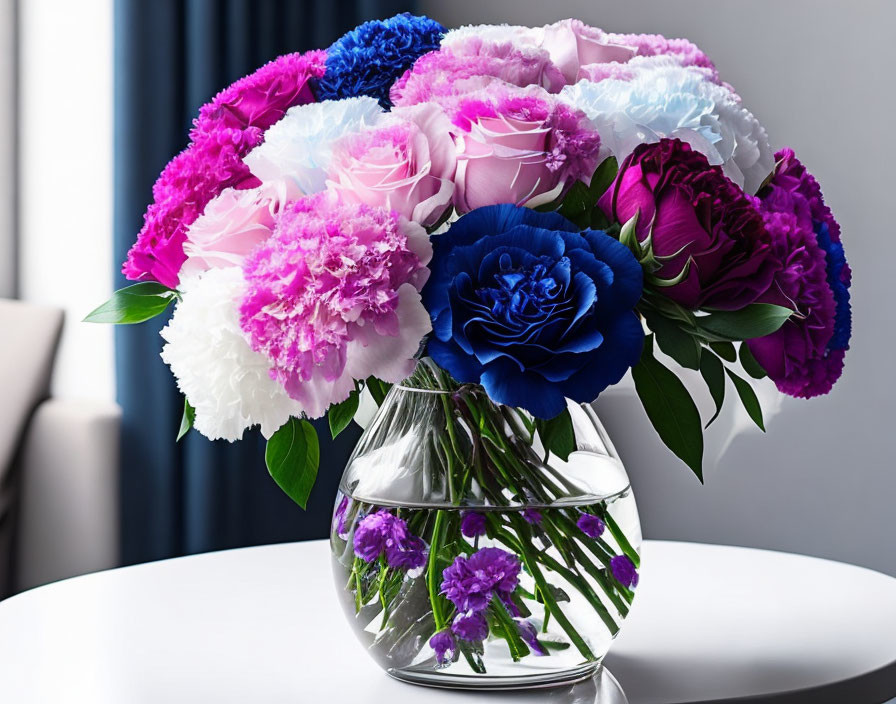 Colorful bouquet of blue, purple, pink, and white flowers in glass vase on table