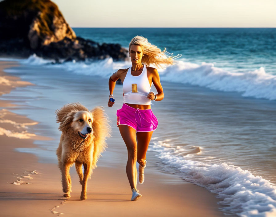 Woman jogging on beach at sunset with golden retriever