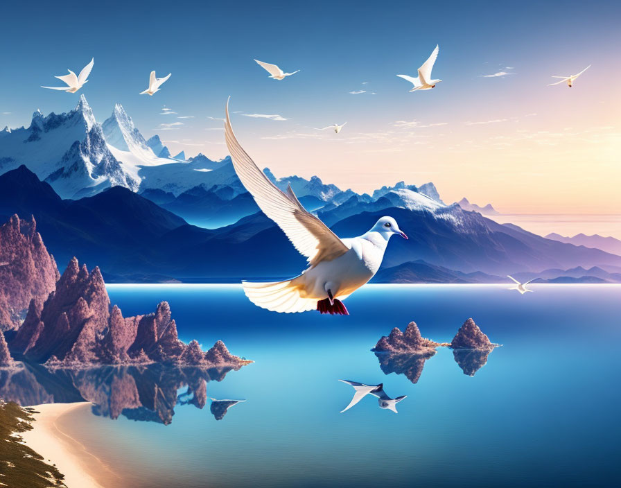 White dove flying over blue lake with mountains and birds in sky