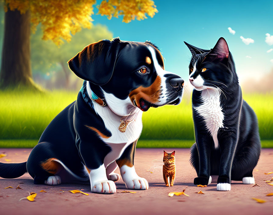 Digital artwork featuring dog, cat, and kitten in autumn park setting