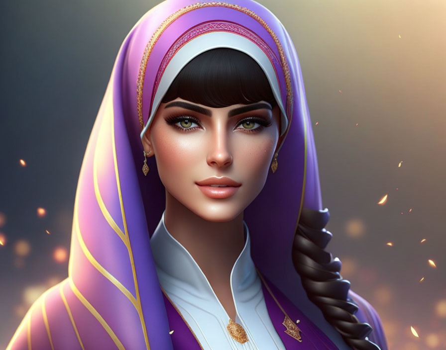 Vibrant illustration of a woman with green eyes and purple headscarf