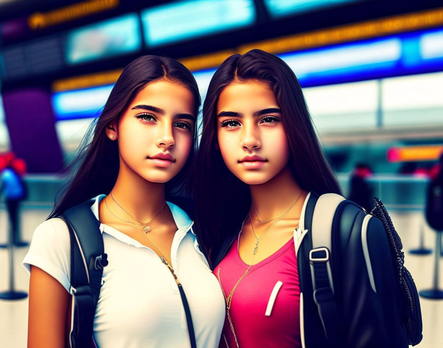 Animated female characters with backpacks at airport information board