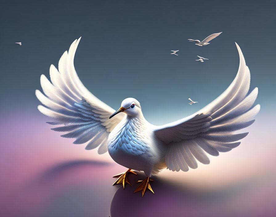 Elegant white bird soaring in violet sky with golden feet