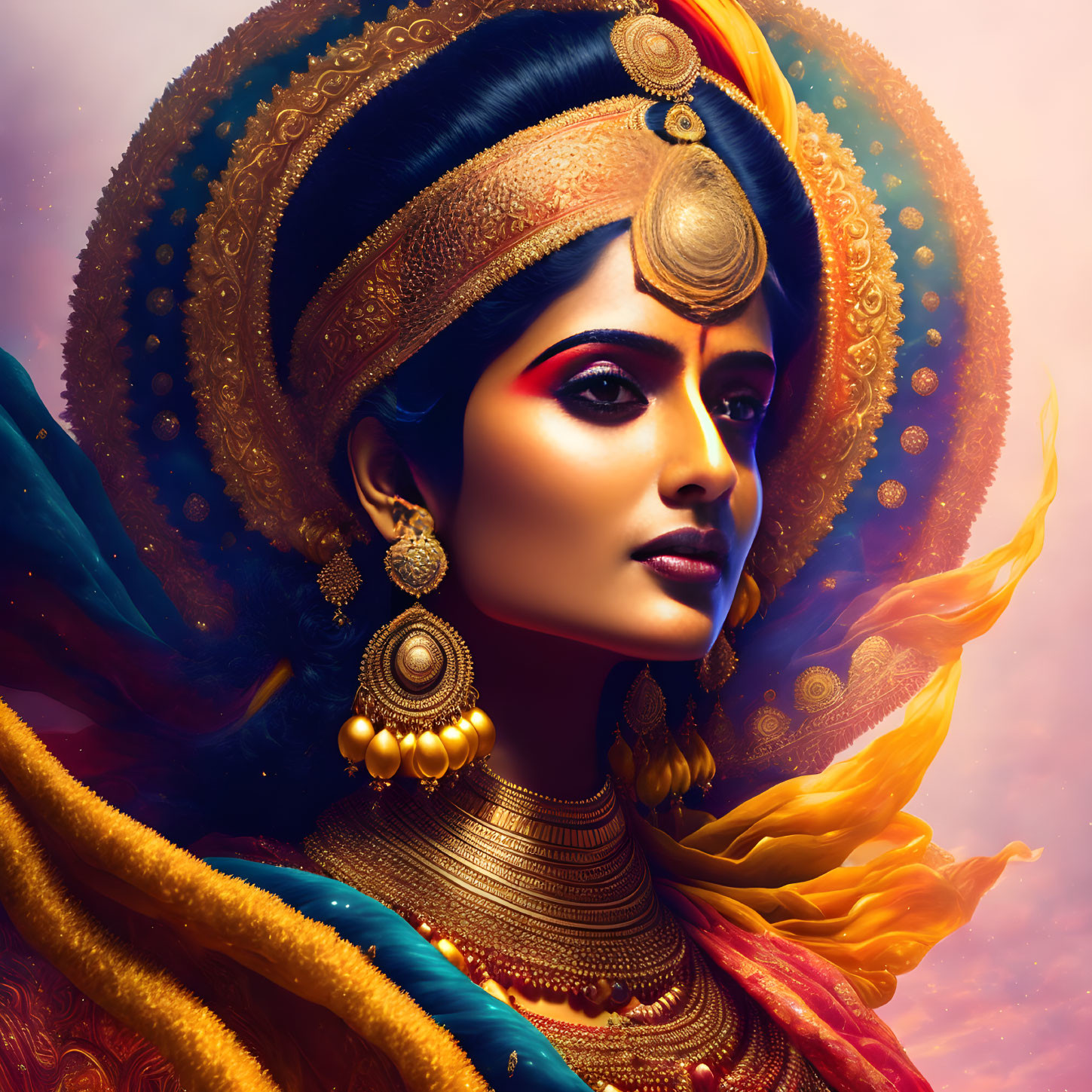 Radiant artwork featuring woman in ornate gold jewelry against warm backdrop