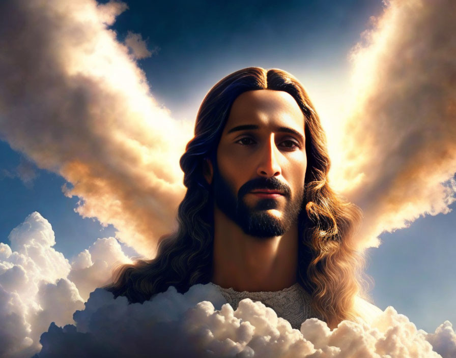 Stylized figure with long hair and beard in radiant clouds.