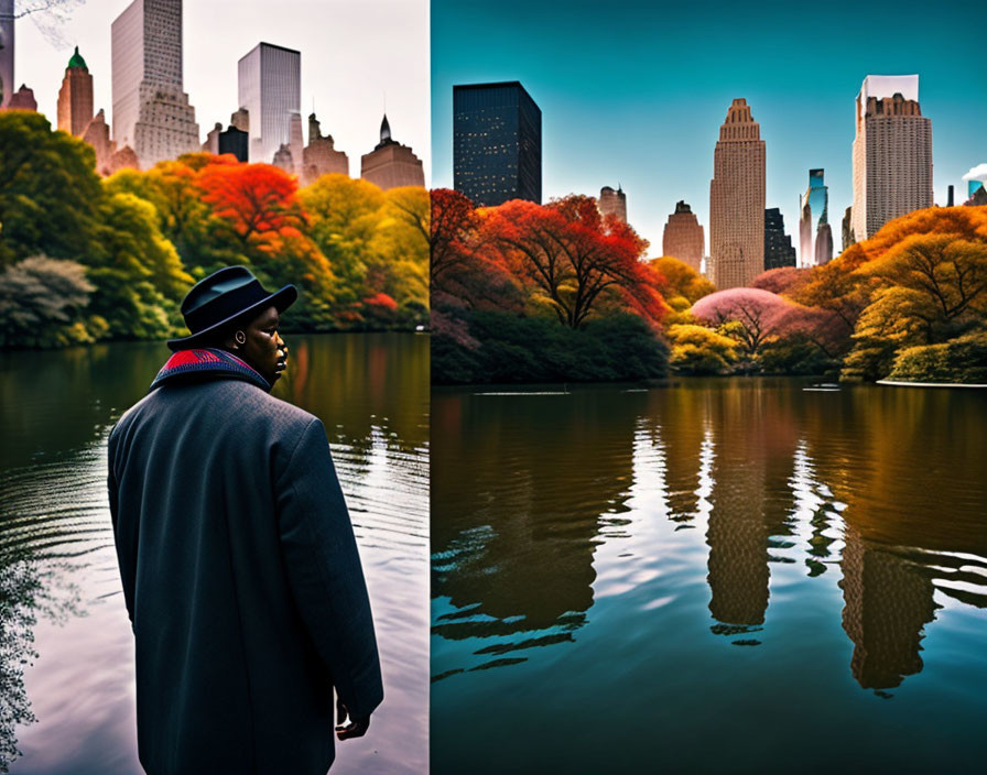 Man in coat and hat gazes at cityscape mirrored on lake, with autumn trees and skyscrap