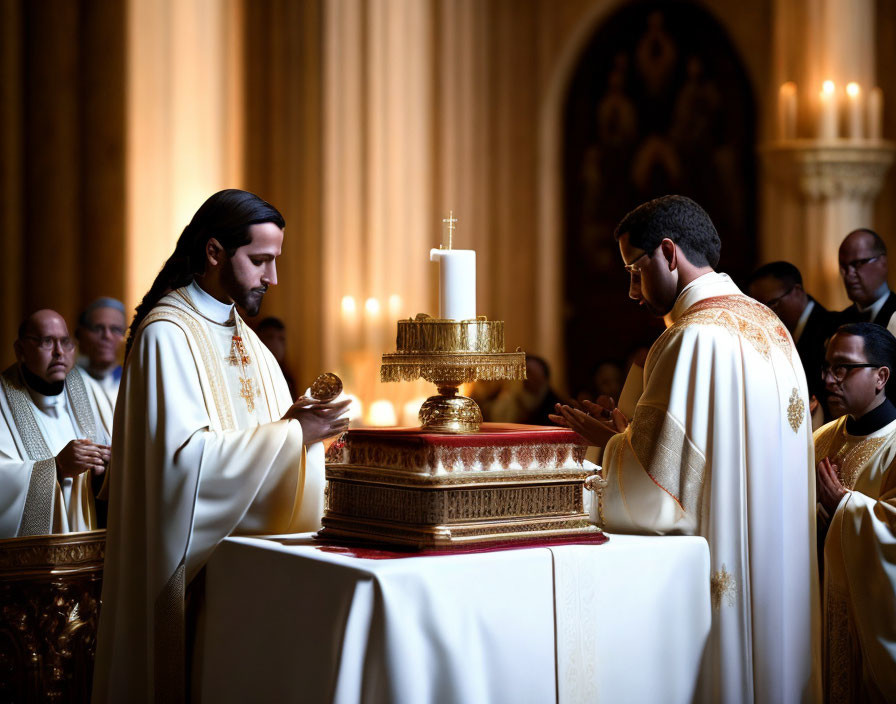 Religious ceremony with priests, candles, and cross