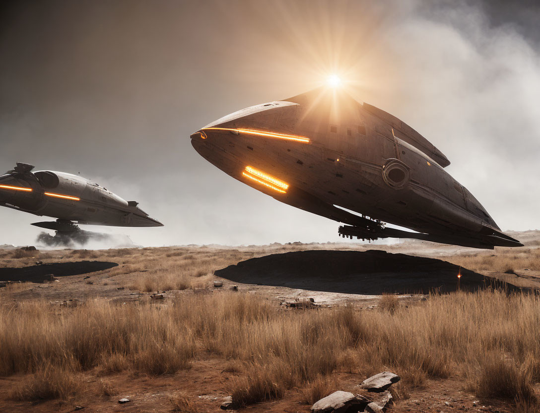 Futuristic spaceships land on sunlit barren landscape