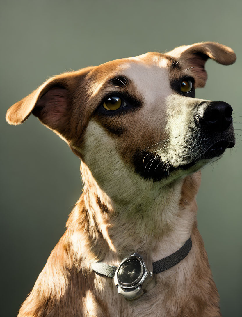 Tan Dog with Brown Eyes Wearing Collar and Medallion on Green Background