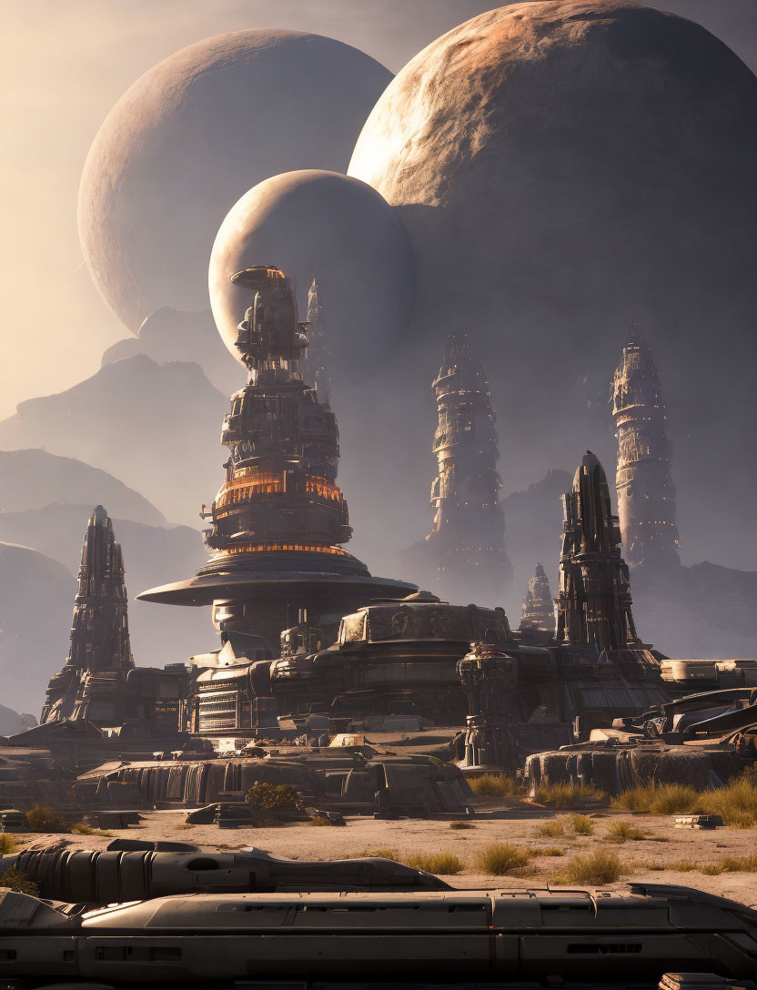 Sci-fi cityscape under massive planets in sunny desert.