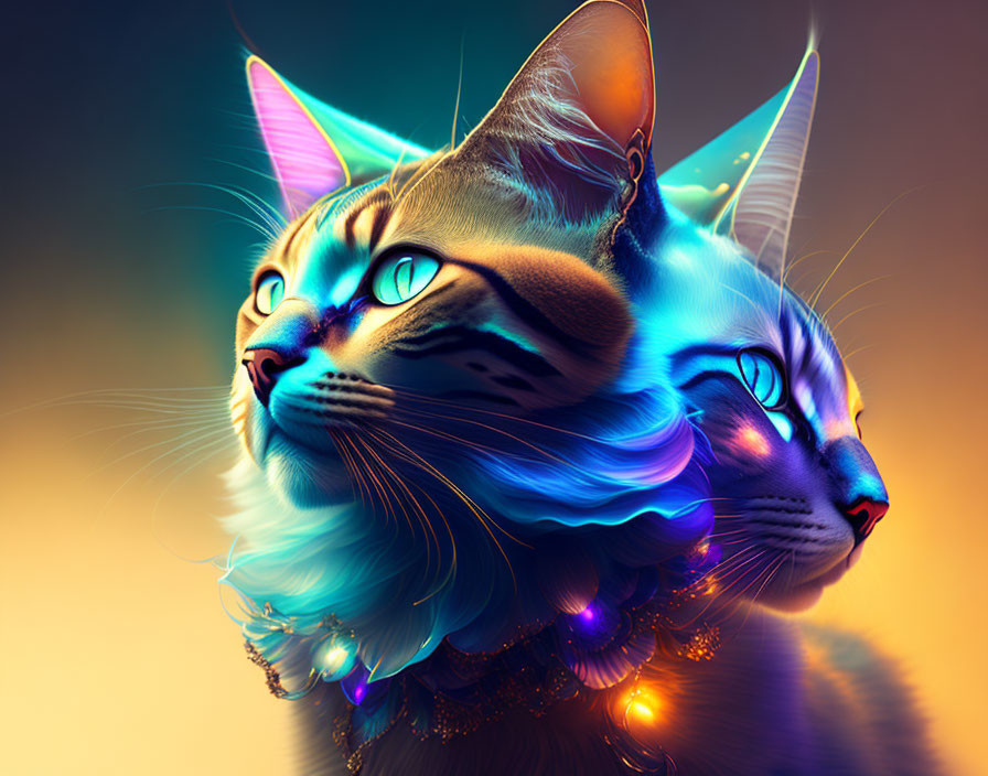 Colorful digital art: Two cats with radiant fur and mystical ears on gradient backdrop