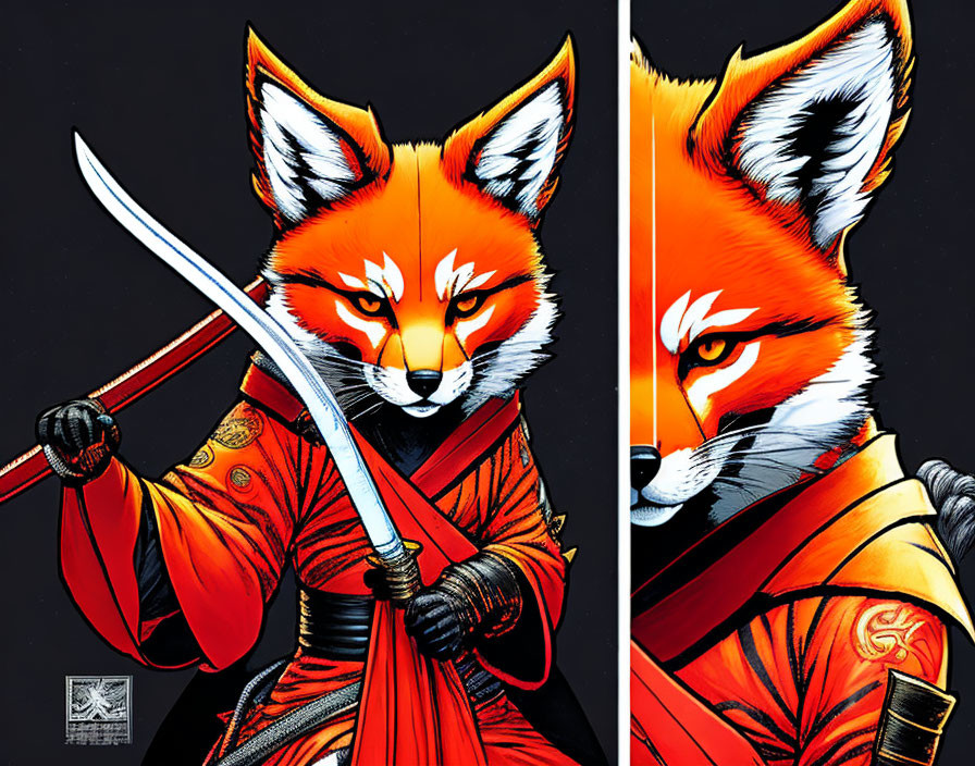 Fox in Japanese samurai attire with katana on black background