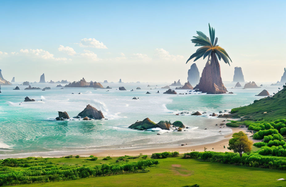 Tranquil Tropical Beach with Rock Formations and Palm Tree