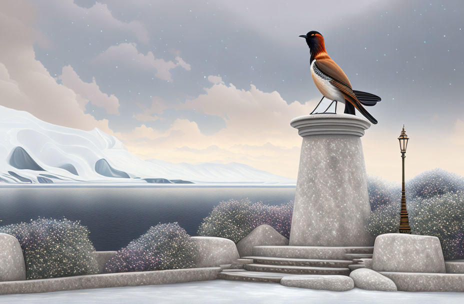 Bird perched on snowy staircase near calm water and icy landscapes.