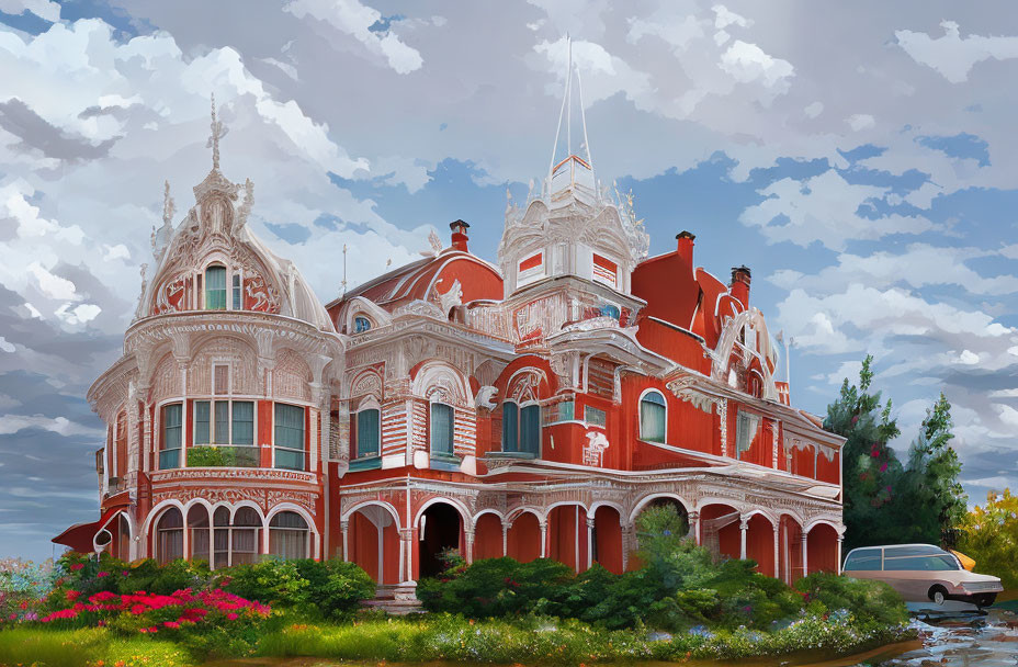 Victorian-style red and white building with turrets, car, and greenery under cloudy sky