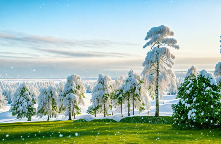 Snow-covered trees in serene winter landscape with clear blue sky