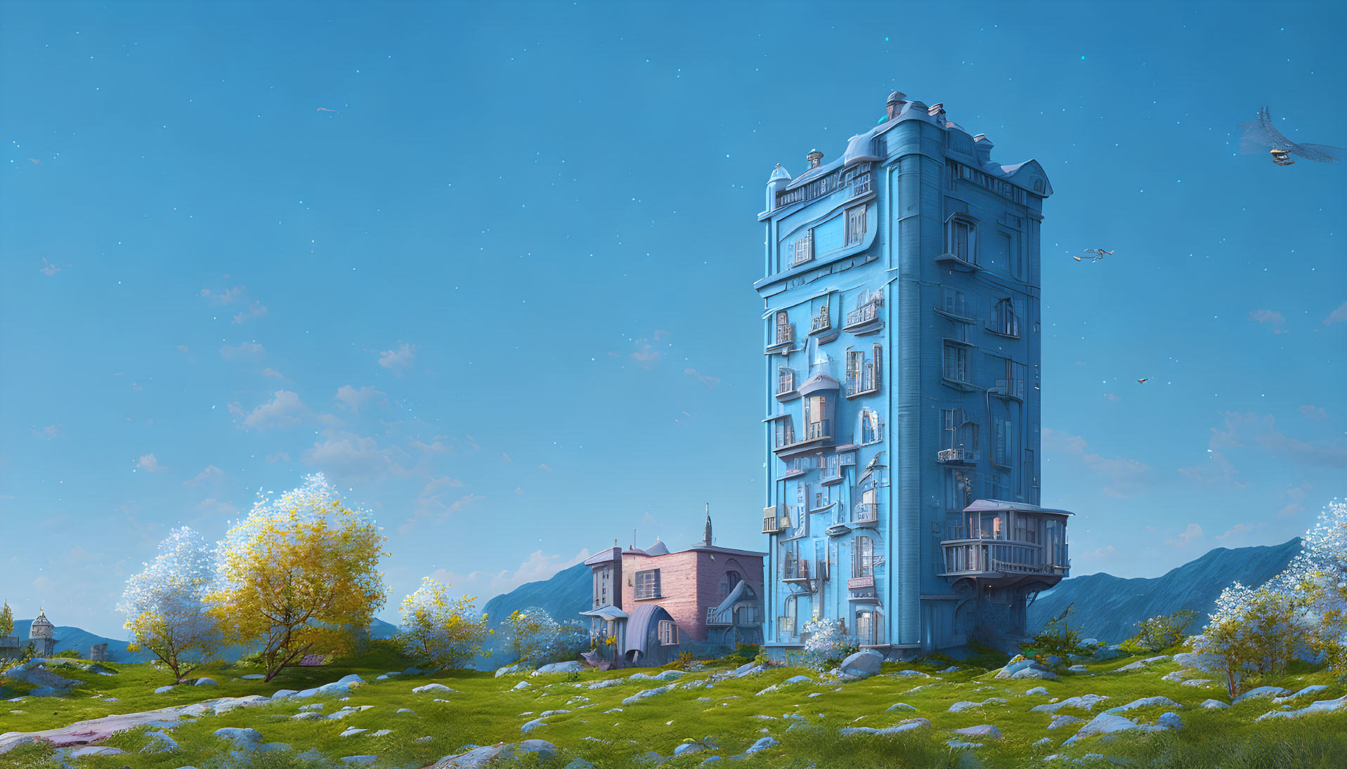 Whimsical tall blue house in serene meadow with blooming trees and distant hills under daytime star