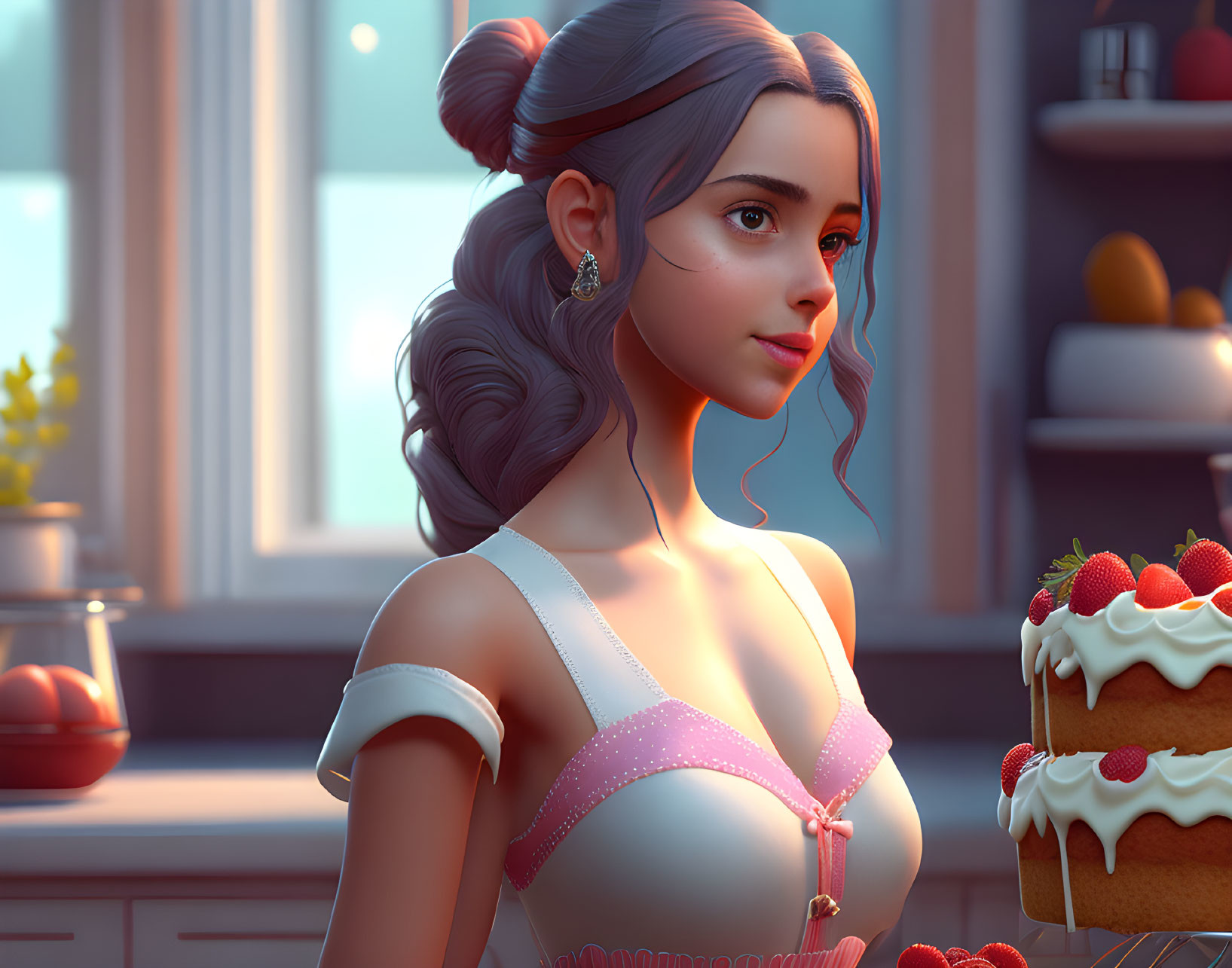 3D animated young woman with bun hairstyle in kitchen with cake