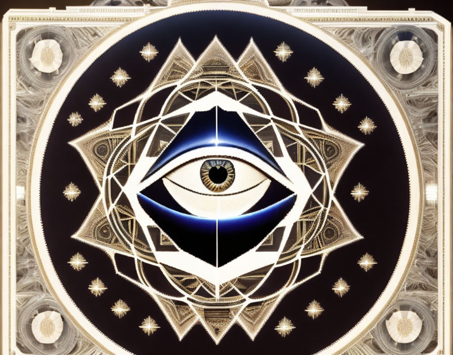 Intricate eye-in-triangle symbol with stars on architectural backdrop