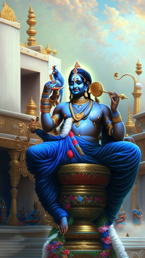 Blue-skinned Deity in Traditional Attire Sitting on Pedestal