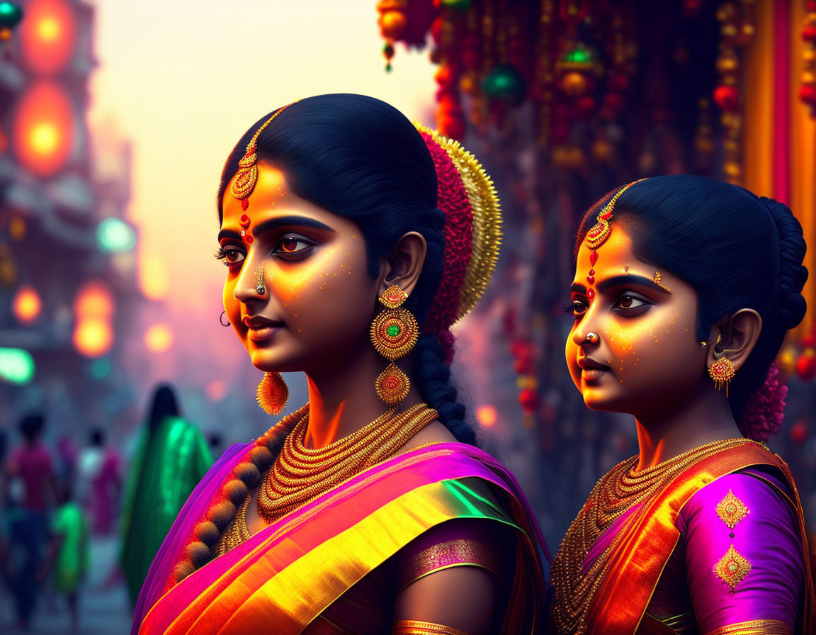 Traditional Indian Attire: Two Women with Elaborate Jewelry in Cityscape at Dusk