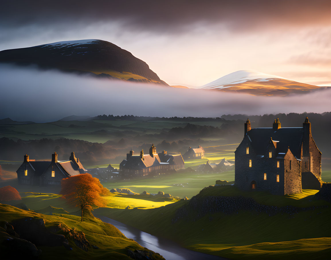 Medieval stone castle and houses in misty hill landscape at sunset.