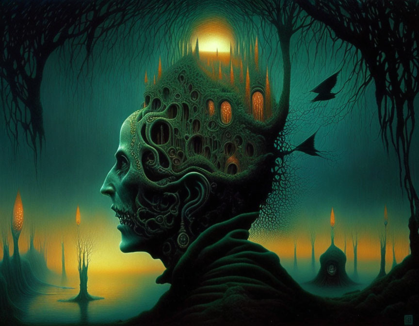 Skull and castle in surreal twilight landscape