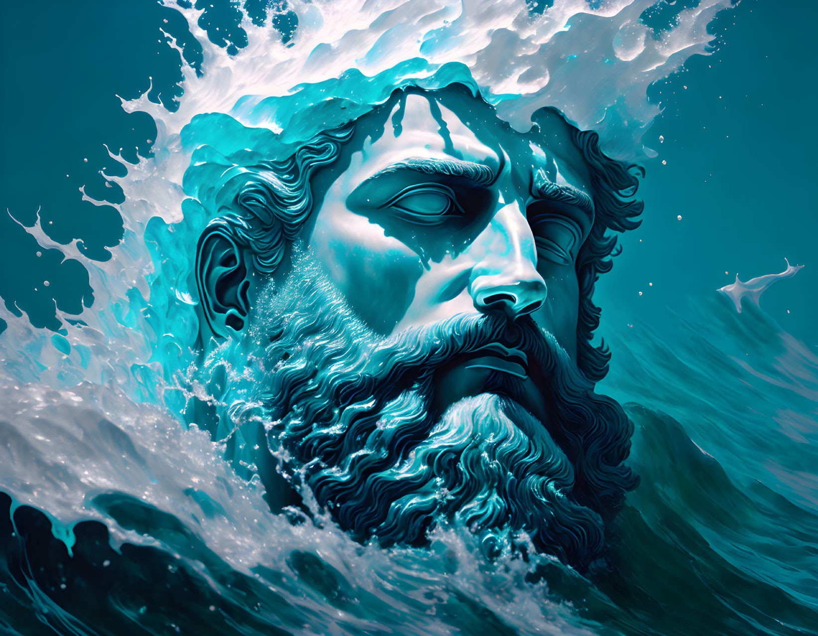 Bearded male figure in ocean waves under teal sky with seagull.