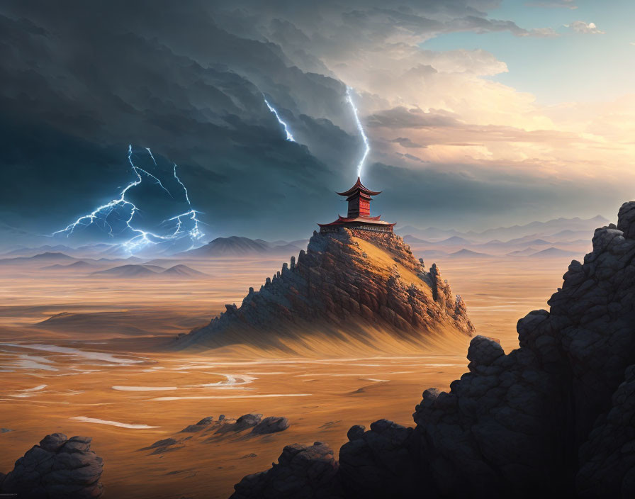 Ancient pagoda on rocky desert outcrop under dramatic storm