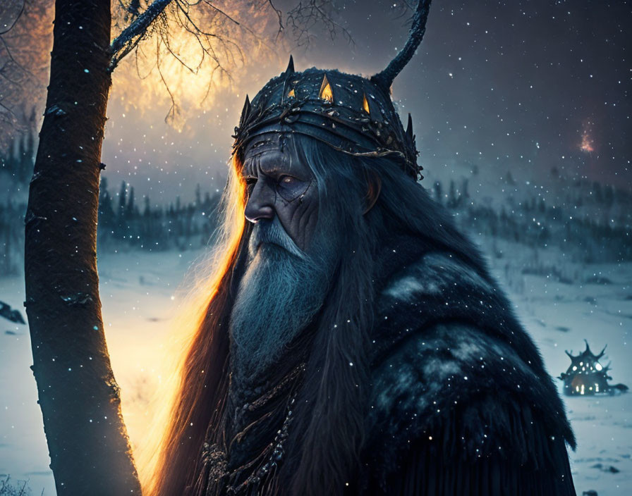 Elderly King in Fur Cloak and Crown in Snowy Twilight