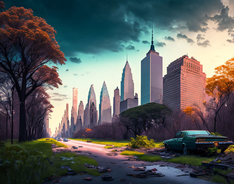 Abandoned car in overgrown road with skyscrapers and vibrant foliage at sunset