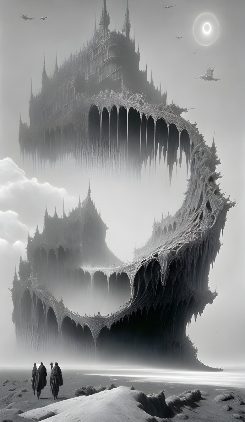 Monochrome fantasy landscape with ice castle, eclipse, people, and flying structures