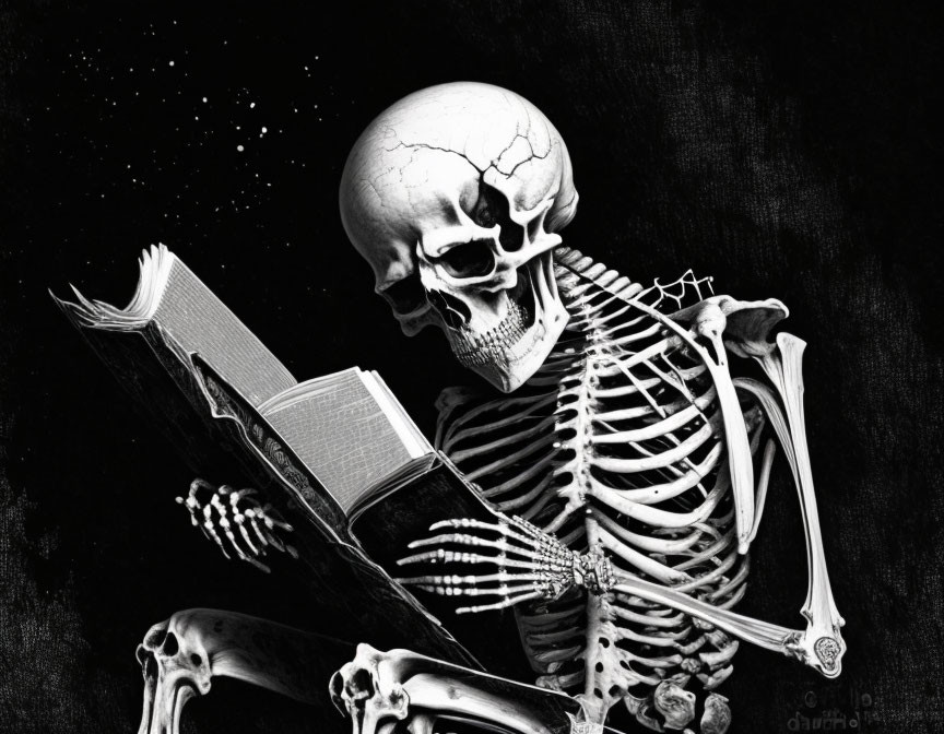 Monochrome skeleton reading book under starry sky