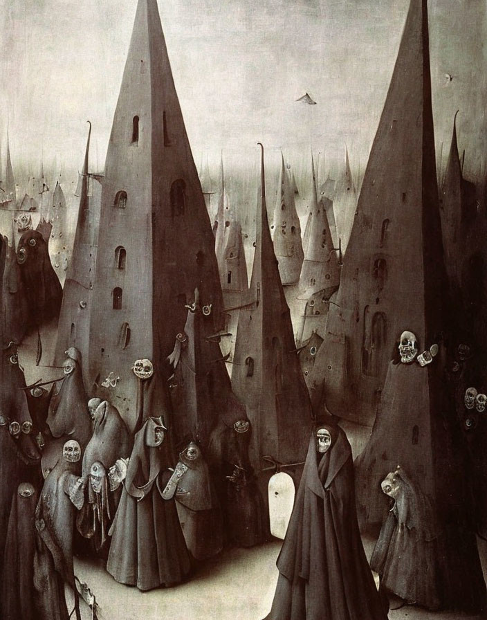 Surrealist painting with pointed towers and eerie, skull-faced figures