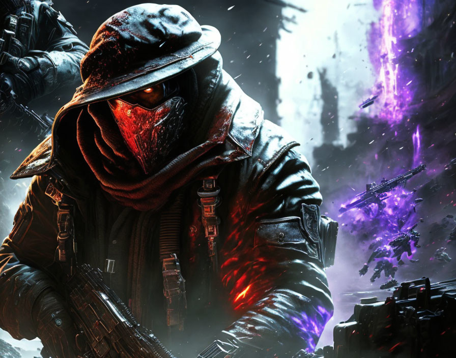 Menacing figure in combat gear with red mask and hood in chaotic backdrop with purple lightning