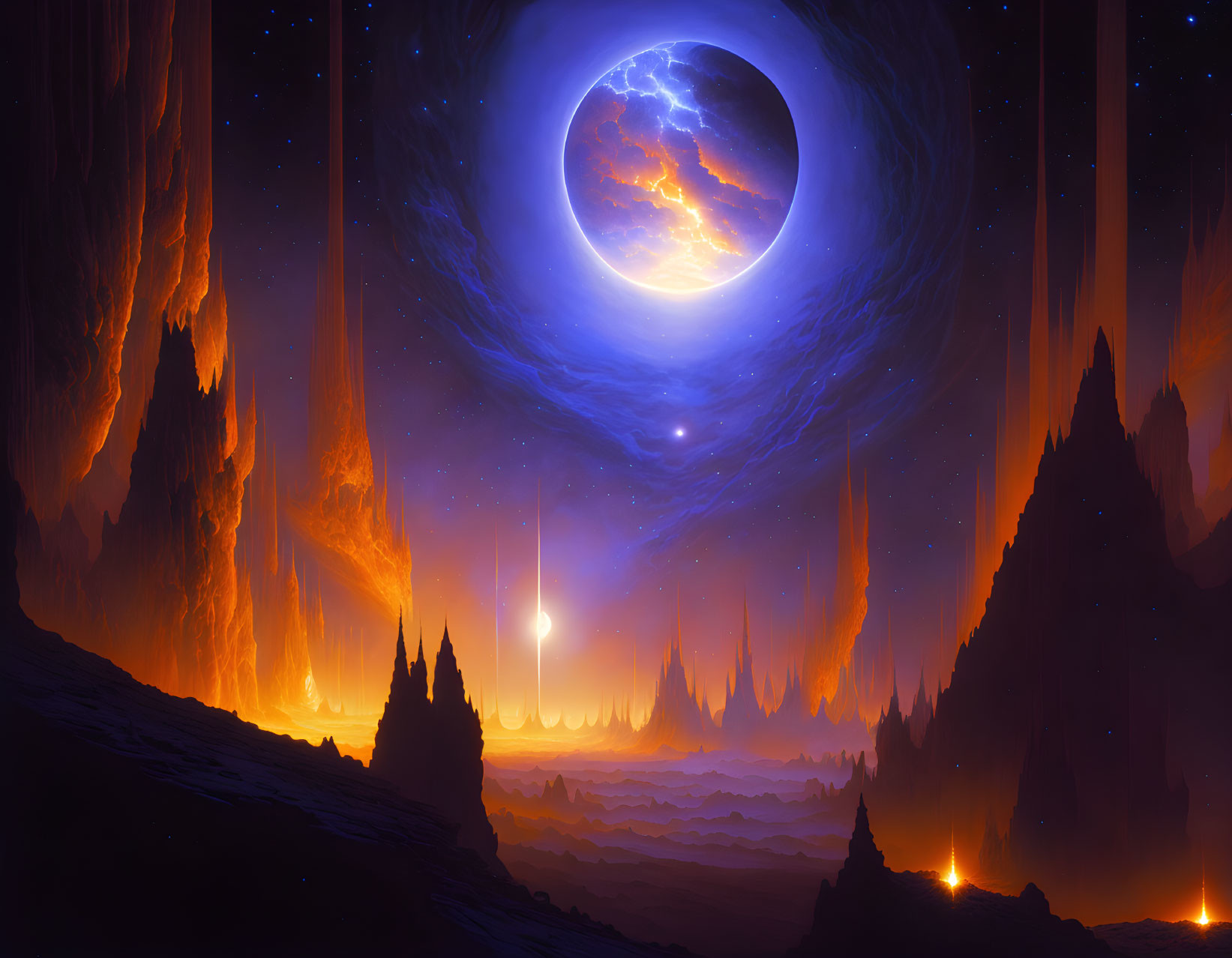 Surreal sci-fi landscape: glowing lava, towering spires, massive planet.