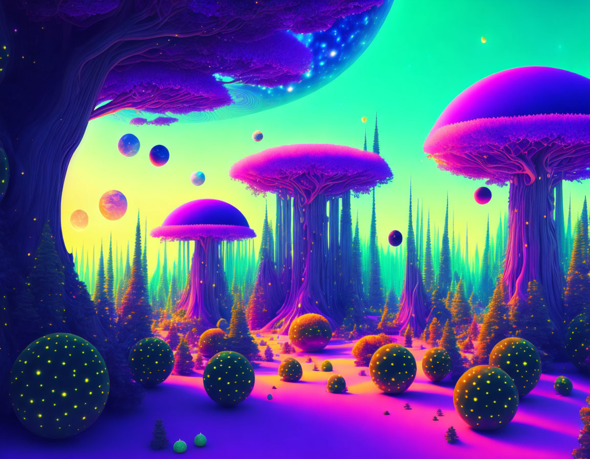 Fantasy Landscape with Glowing Mushrooms and Neon Foliage