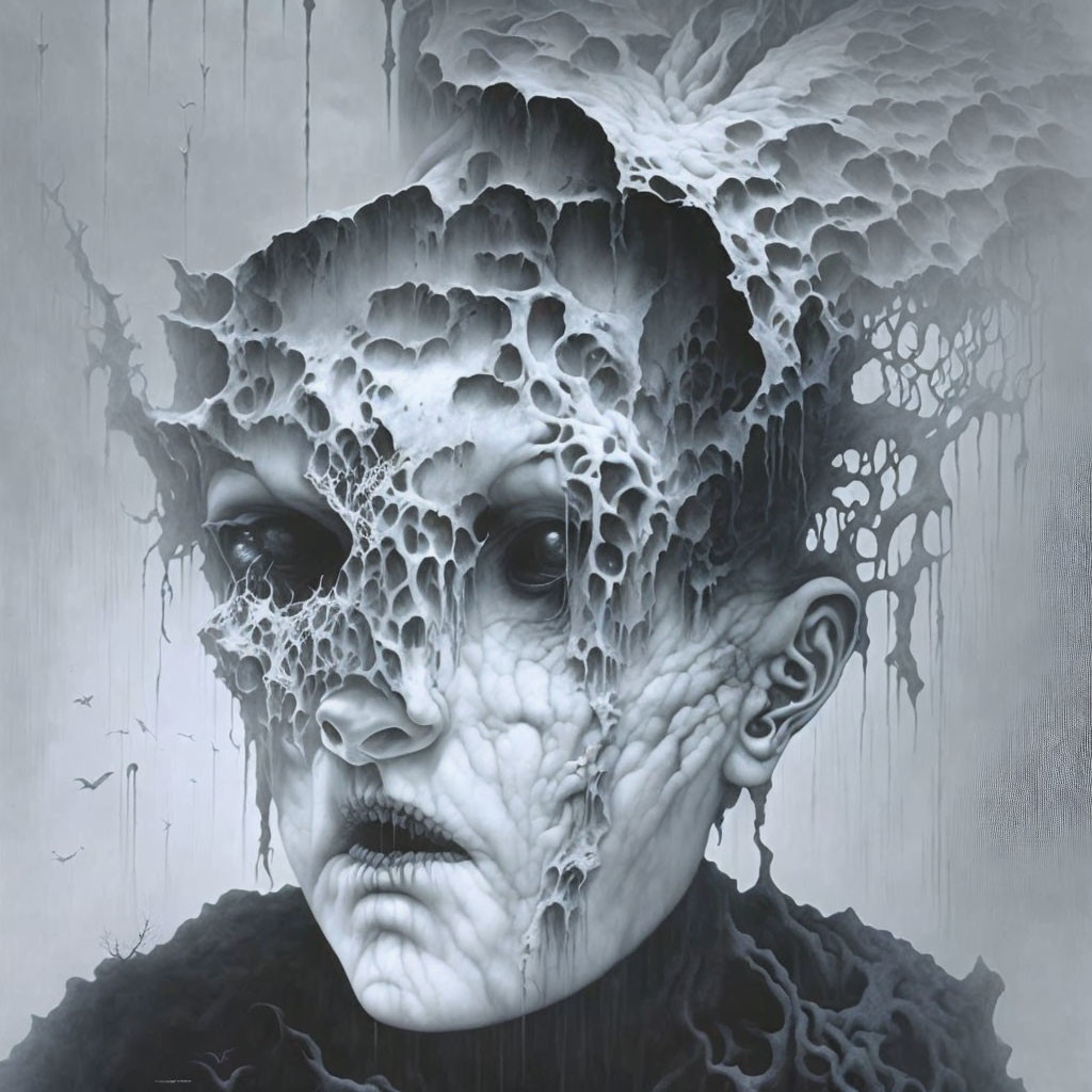 Surreal monochromatic artwork: woman's face with honeycomb-like textures