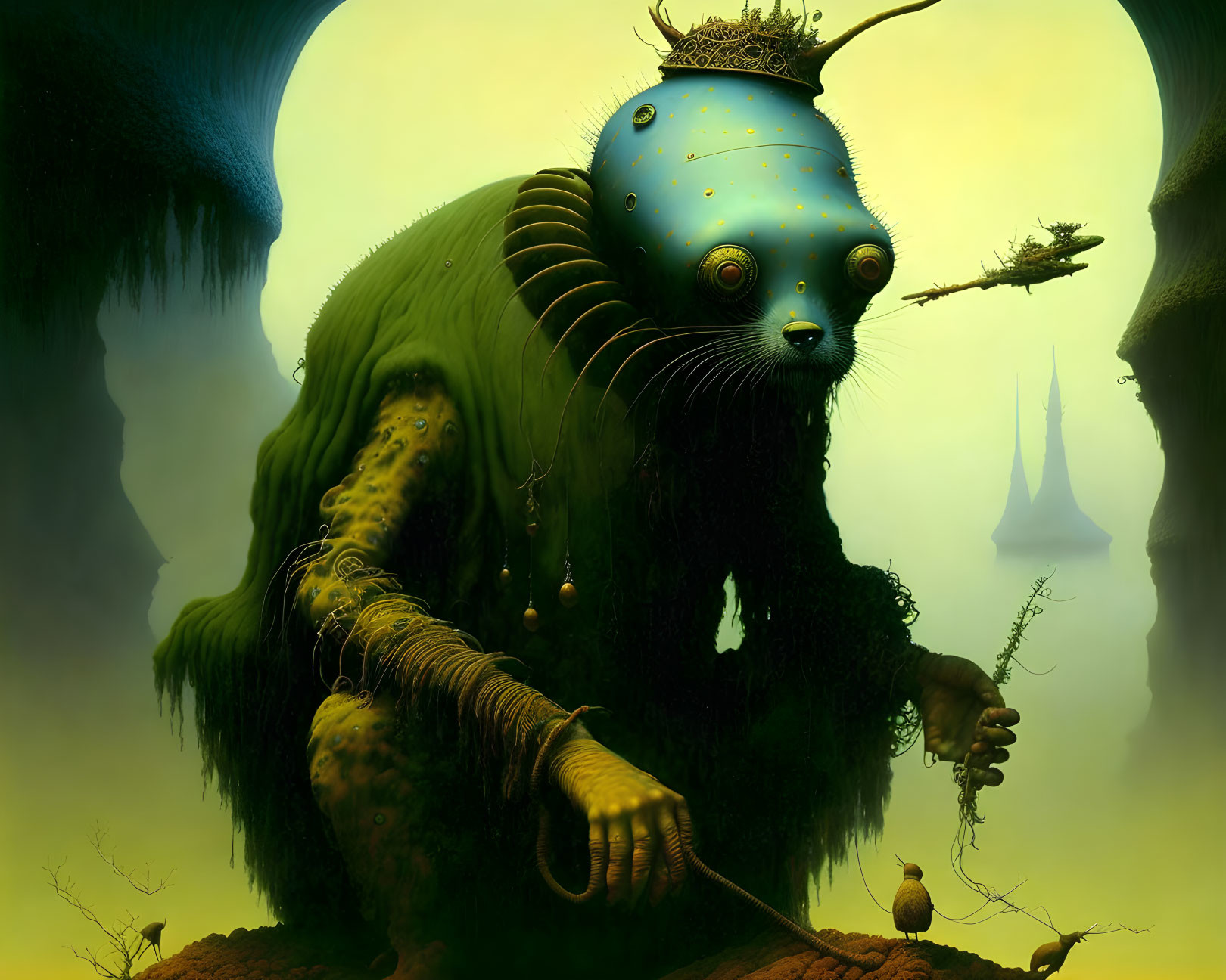 Blue-skinned creature with crown and black beard in surreal landscape