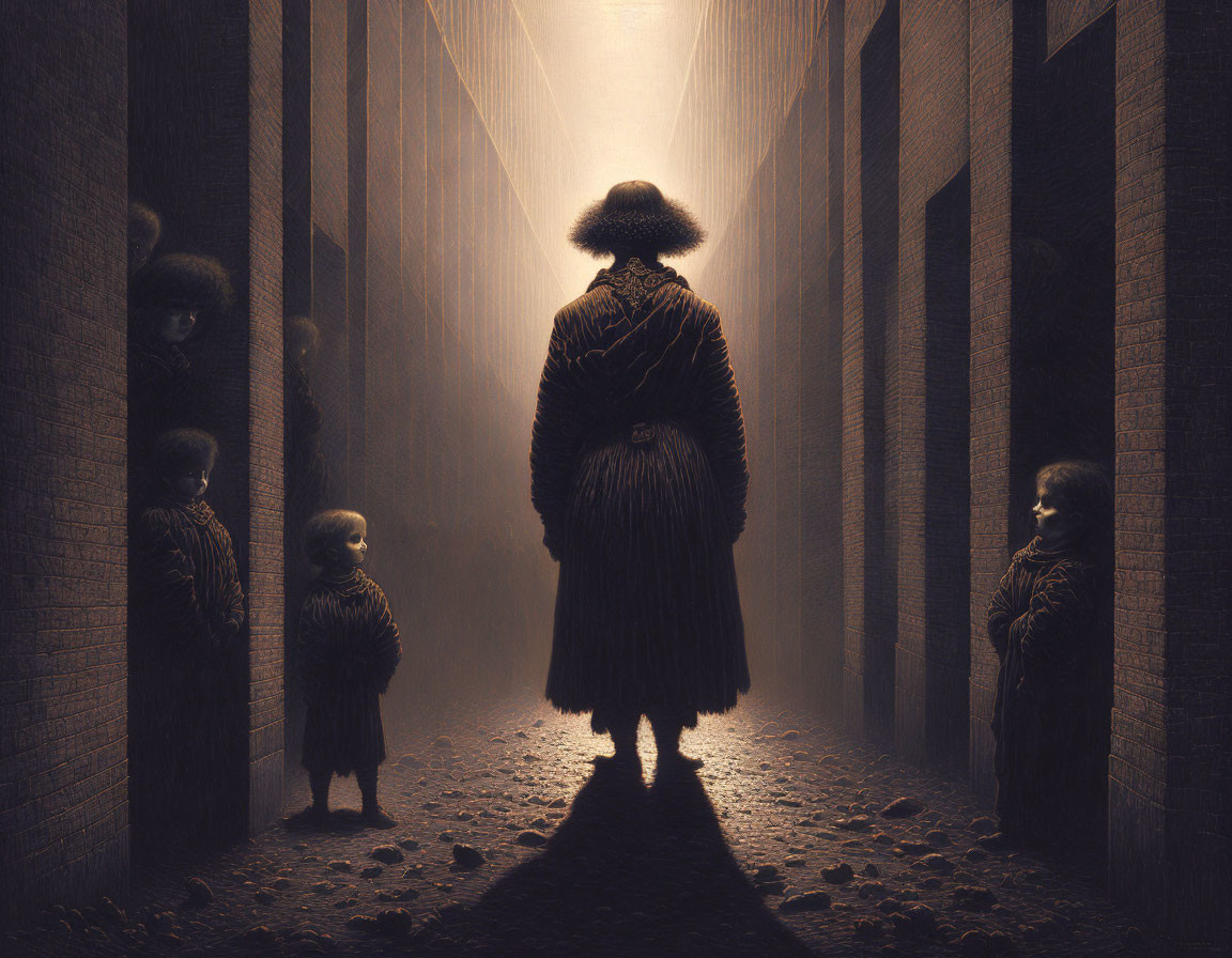 Person in hat surrounded by shadowy figures in narrow alley