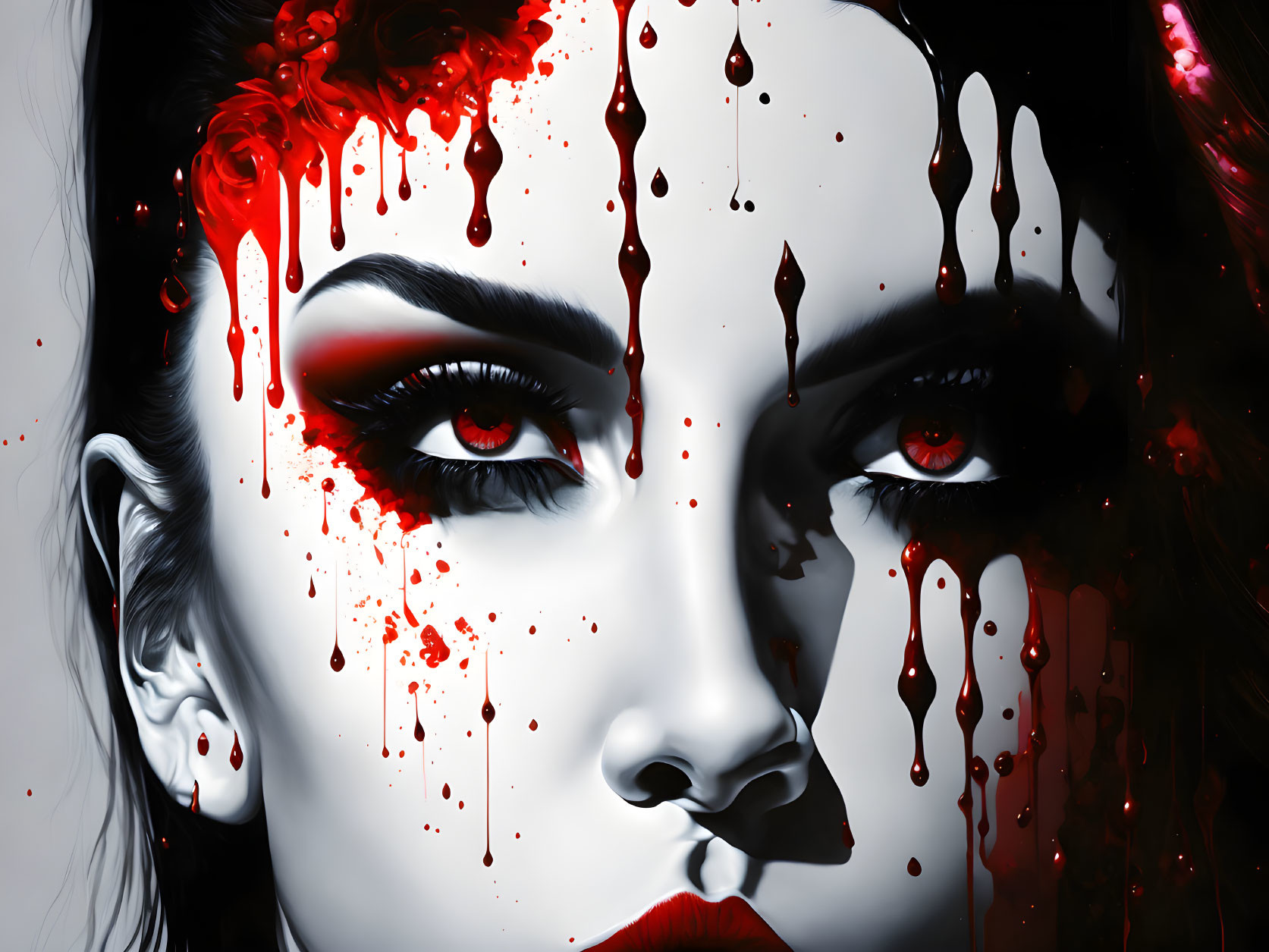 Monochrome portrait of a woman with red dripping accents