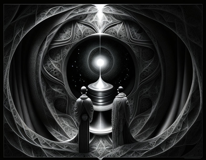 Monochrome digital artwork of two robed figures in radiant light