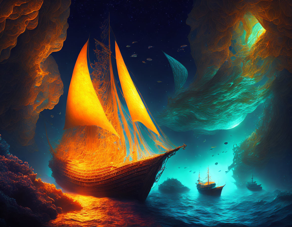 Fantasy scene: Ships sailing under glowing, aurora-like sky