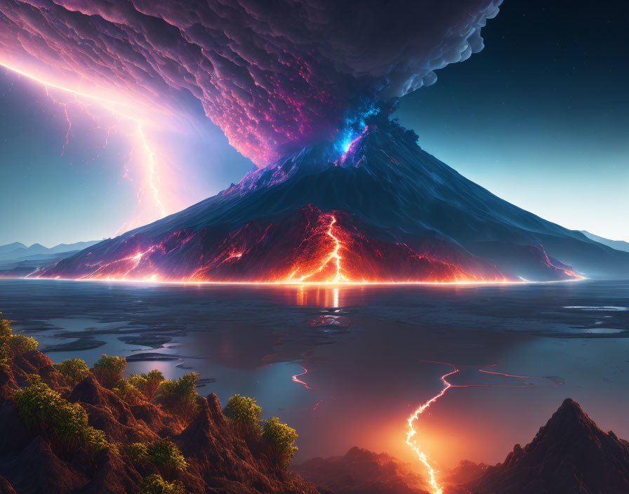 Volcanic eruption with lava flows, electric discharges, and ash plume at twilight