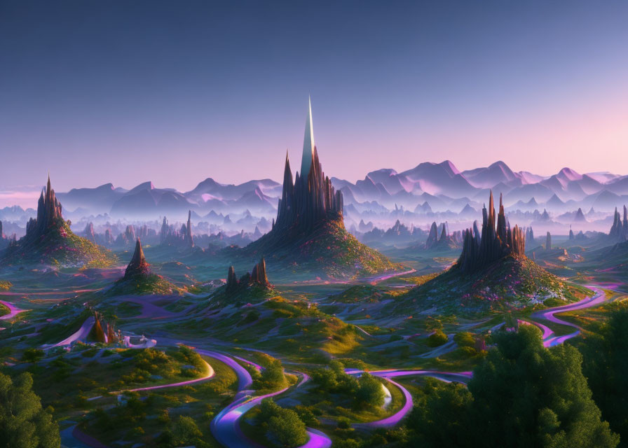 Fantastical landscape with towering spires and meandering rivers