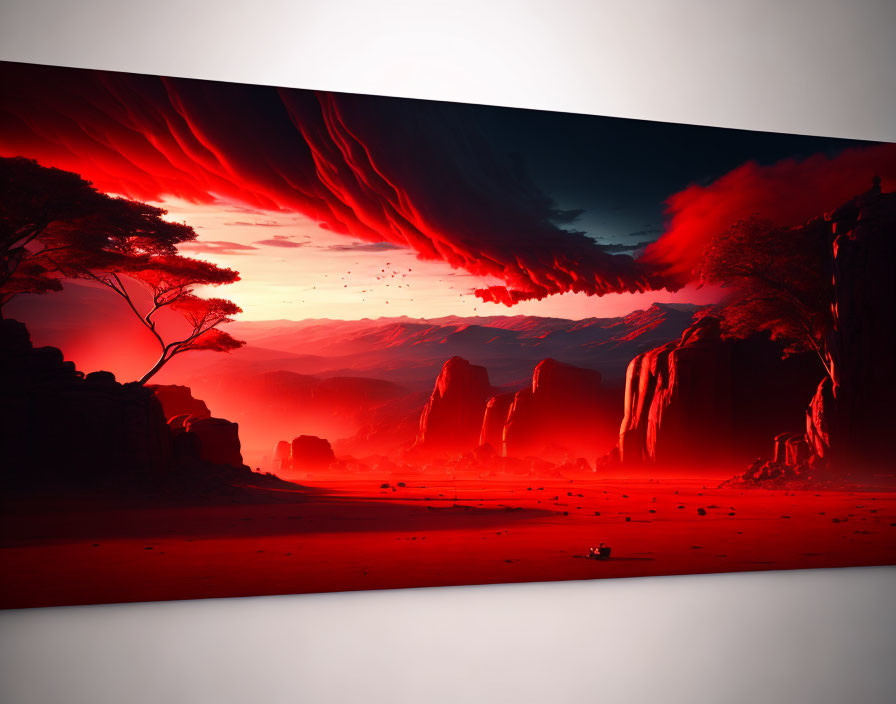 Vibrant red and black landscape with cliffs, tree, and crimson sky