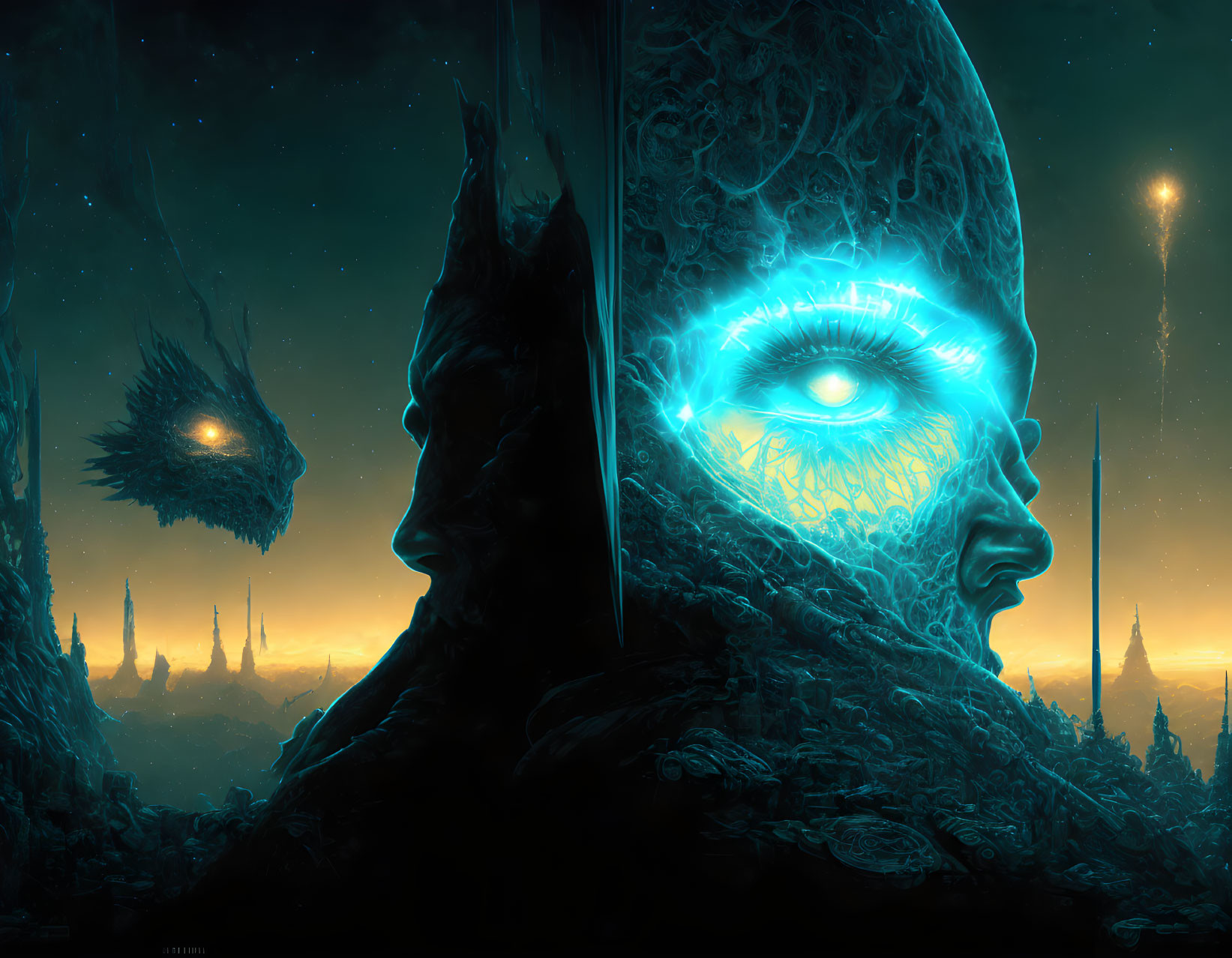 Fantastical digital art: Two otherworldly faces with glowing blue eye on dark, starry