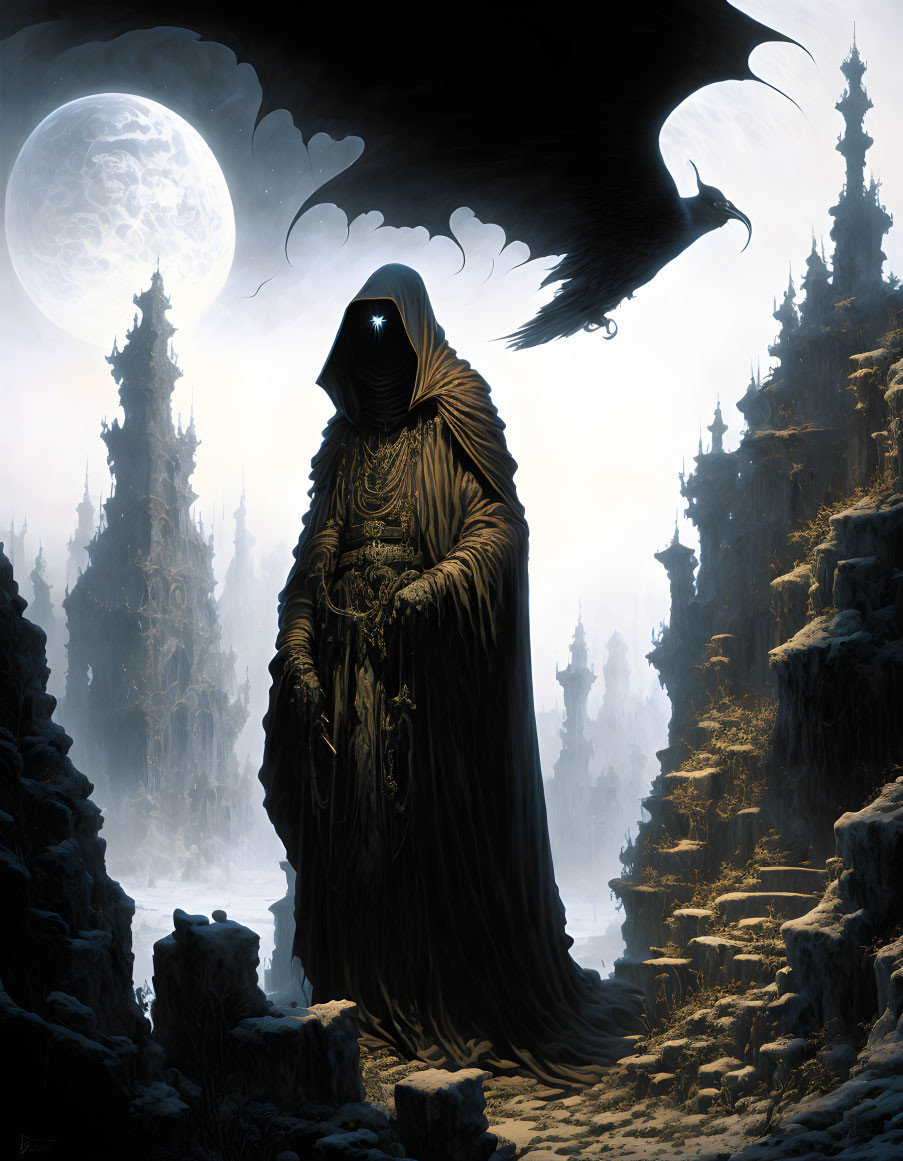 Cloaked figure in dark landscape with dragon-like creature under large moon