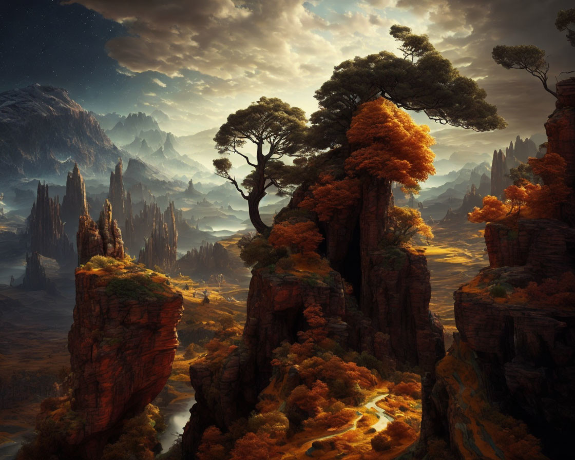 Majestic landscape with towering rock formations and autumn trees by a river at twilight